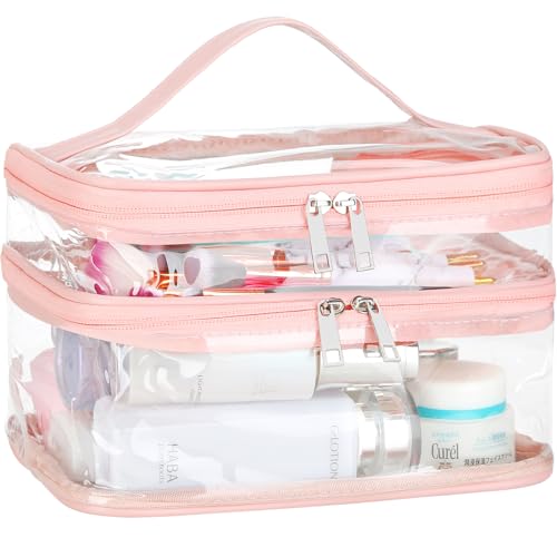 HAOGUAGUA Double Layer Clear Cosmetic Bag Makeup Bag, Waterproof Travel Toiletry Bag, Transparent PVC Pouch Organizer (Pink Large) - color: Pink Large