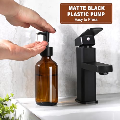 RYTOXILO 8 fl oz Amber Glass Soap Dispenser 4 Pack, Brown Glass Bottle with Pump, Refillable Round Hand Soap Dispensers Bathroom for Soap, Lotion, Oil, Shampoo