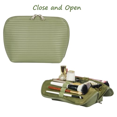 Travel Makeup Bag for Women, Waterproof Stand Up Cosmetic Bag with Brush Holders, Organizer Bag with Compartments, Fold-Down Design for Skincare, Toiletries & Essentials (Green, Medium) - color: Green, size: Medium