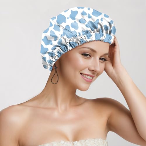 2 PCS Shower Cap Reusable Waterproof Adjustable Double Layer Elastic Dry Hair Bathing Caps Aesthetic Cute for Women Girls-Blue Gray - color: H-4-Blue Gray