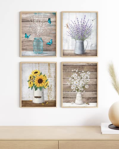 HAUS AND HUES Flower Wall Decor - Set of 4 Floral Wall Art, Framed Flower Painting, Floral Pictures for Kitchen, Bedroom, Living Room (Framed Beige 11x14) - color: Farmhouse Bouquets, size: 11x14, style: Beige Framed