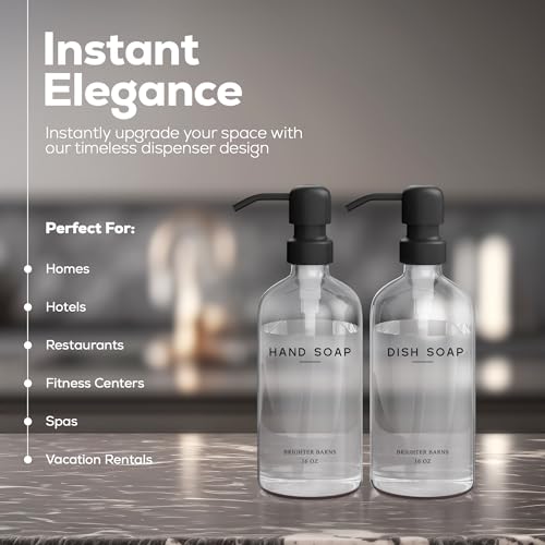Clear Glass Hand and Dish Soap Dispenser Set by Brighter Barns - Kitchen Soap Dispenser Set & Pump - Glass Bottles for Kitchen Sink - Neutral Home Decor, Modern Farmhouse Bathroom Accessories (Clear) - color: Clear Hd