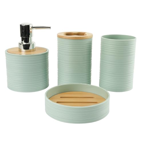 Bathroom Accessories Set 4 Piece Bamboo Bath Ensemble Includes Soap Dispenser and Toothbrush Holder Set, Soap Dish and Mouthwash Cup.Bohemian Style-Brief but not Simple(Green)