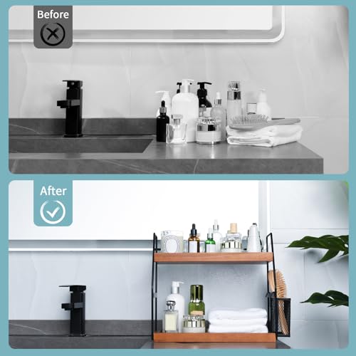 Bathroom Counter Organizer, 2-Tier Standing Storage Shelf with Basket, Wood Tray for Skincare Vanity Organizer(Brownish) - style: 2 Tier Brownish