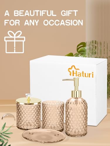 Haturi Amber Brown Bathroom Accessories Set, 4Pcs Glass Bathroom Accessory Set Complete w/Soap Dispenser, Toothbrush Holder, Qtip Holder, Soap Dish, Gold Bathroom Decor Sets, Gift for Home Apartment - style: Amber Brown