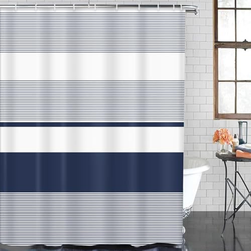 ArtSocket Navy Blue Striped Bathroom Set with Shower Curtain and Bath Rugs and Accessories,Boho Modern Non-Slip Shower Curtain Set,Bathroom Decor 3 Pcs - color: Navy Blue Striped