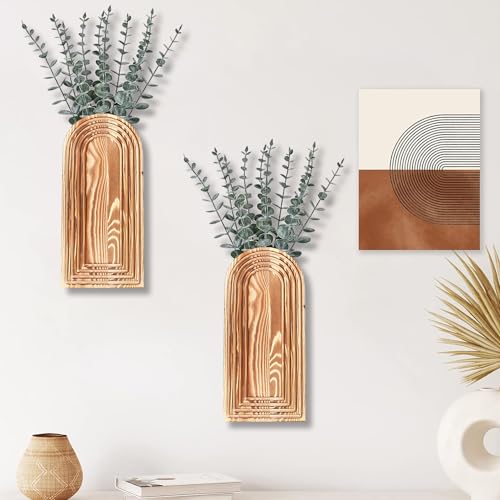 Dnnnii 2 Pack Wooden Wall Vase Set - Brown Finish Modern Farmhouse & Boho Wall Decor for Entryway, Hallway, Bathroom, Living Room, Dining Room, Narrow Spaces - color: Brown