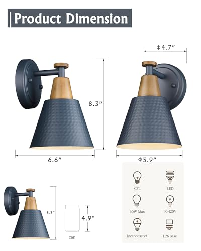 FEMILA Modern Wall Sconces Set of 2, 1-Light Wall Lighting Bathroom Sconces Single Vanity Light, Hammered Metal Shade, Dark Blue,4FG59B-2 Blue - color: Navy Blue, size: 6", 2 pack