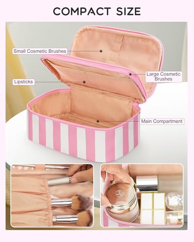 Relavel Travel Makeup Bag, Small Floral Cosmetic Bag with Makeup Brush Compartment, Portable Makeup Pouch for Women, Double Layer Makeup Organizer Bag Cute Toiletry Bag, Wide Strip - color: 01B-Wide Strip, size: MEDIUM
