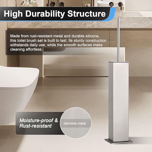 BVL Toilet Brush and Holder Set Brushed Nickel Stainless Steel 304 Square Freestanding Toilet Brush for Bathroom - color: Brushed Nickel