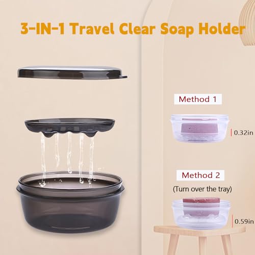 Round Soap Container 2 Pack, Travel Soap Holder Soap Box with Drainage Tray | Portable Leakproof Shampoo Bar Case for Travel, Shower, Camp (Transparent White+Transparent Black) - color: Transparent White+transparent Black