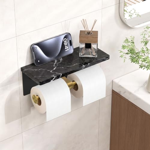 FORIOUS Double Toilet Paper Holder with Shelf, Wall Mount Tissue Roll Holder for Bathroom, 304 Stainless Steel Commercial Toilet Tissue Dispensers with Phone Shelf (1, Black & Gold-Marble) - color: Black & Gold-marble