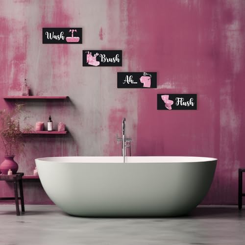 4 Pcs Pink Bathroom Decor Funny Pink And Black Bathroom Decor Wooden Modern Funny Glitter for Home Toilet Decoration(10x4 Inch) - color: Pink, size: 10 X 4 Inch