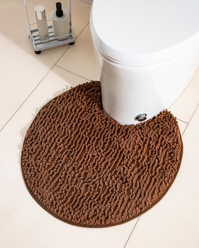 Soft Shaggy Round Toilet Rug U Shaped for Bathroom, Excellent Absorbent Contour Toilet Mat Machine Washable, Non-Slip Microfiber Chenille Bathroom Rugs 24" Brown - color: Brown