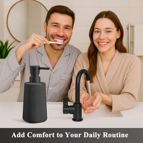 Black Hand Soap Dispenser with No Rust Pump for Bathroom and Kitchen Countertops Refillable Striped Matte Plastic 8.5 oz - color: Black