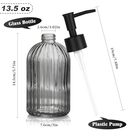1 Pack 13.5oz Glass Soap Dispenser with Plastic Pump, Vertical Stripe Design Refillable Hand Soap Dispenser for Hand Wash, Bathroom and Kitchen - color: Transparent Grey