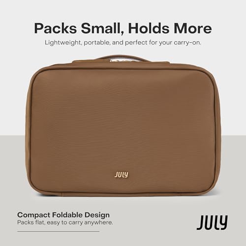 July Hanging Toiletry Bag with Hidden Hook, Clear & Leak-Resistant PVC Pocket, Toothbrush Tab, Water-Resistant Nylon and Leather Trims - Travel Essentials Bag, Bathroom Travel Organizer - Light Brown - color: Light Brown