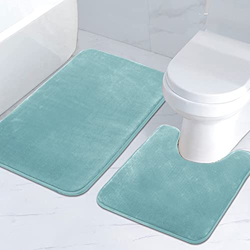 H.VERSAILTEX Bath Mat Memory Foam Set Bathroom Rug Set Flannel Velvety Bath Mat Luxury Extra Soft and Absorbent Non Slip Rugs for Bathroom/Bedroom (Curved Set 24"x 36" Plus 20"x 24"U, Eggshell Blue) - color: Eggshell Blue, size: 24" x 36" Plus 20" x 24" U