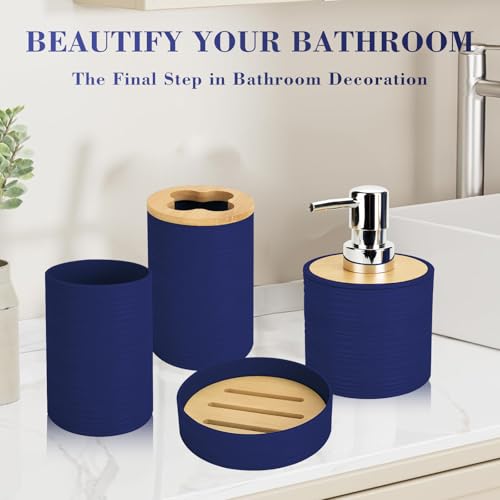 4 PCS Navy Blue Bathroom Accessories Set, Includes a Soap Dispenser, Toothbrush Holder, Soap Dish and Mouthwash Cup, Plastics & Bamboo Bathroom Set, Bohemian Style Bathroom Sink Set - color: Navy Blue, size: 4 PCS