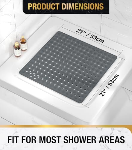HITSLAM Shower Mat Anti Slip, Square Bath Mat for Tub Non Slip with Suction Cups and Drain Holes, 21x21 Inch Bathroom Shower Stall Floor Mat, Machine Washable, Soft on Feet, Dark Grey - color: Dark Grey, size: 21" x 21" (Square)