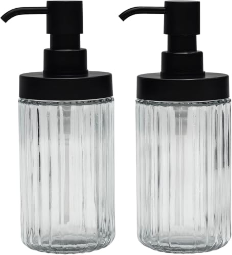 2 Pack Ribbed Clear Glass Soap Dispenser Set, 14.3 OZ Wide Mouth Refillable Hand & Dish Soap Dispensers with Matte Black ABS Pump, 4 Waterproof Labels, Bathroom Countertop & Kitchen Sink - color: Clear-glass