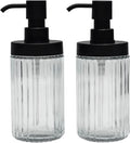 2 Pack Ribbed Clear Glass Soap Dispenser Set, 14.3 OZ Wide Mouth Refillable Hand & Dish Soap Dispensers with Matte Black ABS Pump, 4 Waterproof Labels, Bathroom Countertop & Kitchen Sink - color: Clear-glass