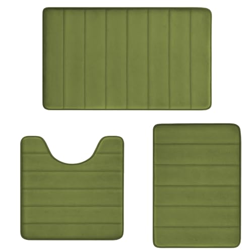 RUN HELIX Sage Green Bathroom Rugs Sets 3 Piece Memory Foam Non Slip Bath Mats for Bathroom Floor and U-Shaped Contour Toilet Rug, Soft Washable Bathrom Sets Mats and Rugs Sets for Toilet Shower Sink - color: Sage Green