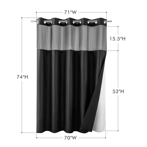 Mrs Awesome No Hook Shower Curtain with Snap-in Liner Less Time On/Off, Embossed Waffle-Look Textured Fabric Shower Curtain for Bathroom, Soft & Lightweight, 71x74, Black - color: Black, size: 71"W x 74"L (Pack of 1)
