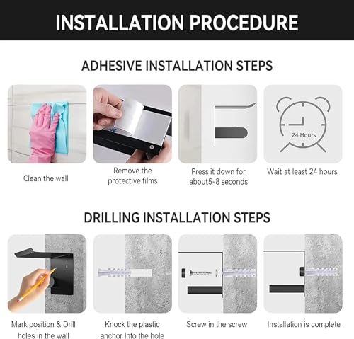 Self Adhesive Toilet Paper Holder with Phone Shelf Stainless Steel Wall Mounted Toilet Paper Roll Holder - Rustproof and Bathroom Washroom Tissue Roll Holder with Storage Shelf(Silvery) - color: Silver