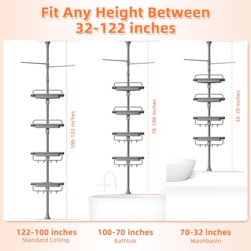 XLHOMO 32-122inch Corner Shower Caddy Tension Pole Grey, Rustproof Drill-Free Shower Shelves for Bathroom Bathtub Washbasin, Adjustable Shower Organizer with 4 Tier Patent Stable Shelves & Towel Bars - color: Grey