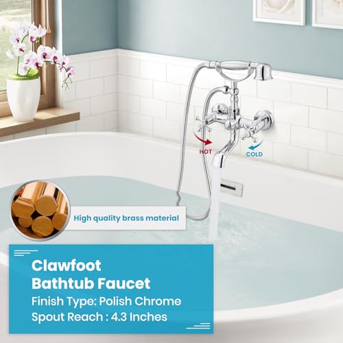gotonovo Wall Mount Clawfoot Bathtub Faucet with HandHeld Spray and 360° Double Cross Handle Swivel Spout Vintage Tub Shower Faucet Set with Adapter Adjustable Swing Arms Polish Chrome - color: Polish Chrome