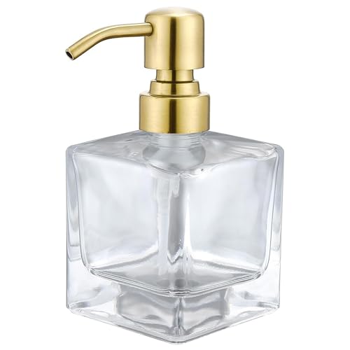 Square Bathroom Soap Dispenser Brushed Gold, Glass Bottles with Stainless Steel Pump 8.4 OZ Cube Liquid Soap Dispenser Hand Kitchen - color: Gold, size: 8.4oz-Square