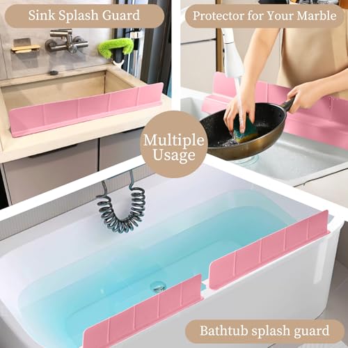 23" Ultra Silicone Sink Splash Guard Released in 2026,Self-Draining Water Splash Guard for Kitchen Sink,Bathroom and Island,with 3.5" High Splash Guard & 7 Strong Suction Cup (Pink) - color: Pink