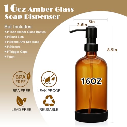 16oz Amber Glass Soap Dispenser Set of 4,Brown Glass Pump Bottles for Bathroom Kitchen,Bathroom Kitchen Hand and Dish Soap Dispenser Set,Modern Brown Soap Dispensers Bottles