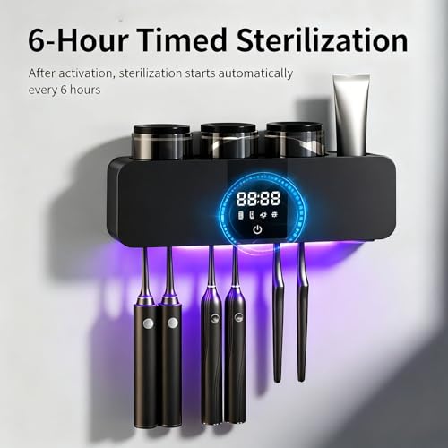 Toothbrush Cleaner Holder, Recharging Wall Mounted Tooth Brushing Holder with Cleaner & Drying, 3-Cup - Family Home Bathroom Organizer, No-Drill Installation (Black) - color: Black