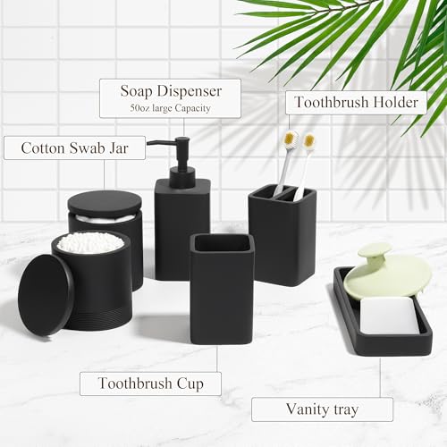 YMXYJM Bathroom Accessories Set, 6 Piece Bathroom Set with Toothbrush Holders, Soap Dispenser, Vanity Tray, Tumbler, Cotton Swab Jars, Bathroom Organizer，Bathroom Sink Sets, Matte Black - color: Black