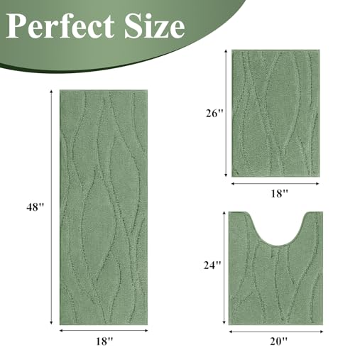 Bsmathom Bathroom Rugs Sets 3 Piece, Soft Non Slip Microfiber Bath Mat and U-Shaped Contour Toilet Rug, Machine Washable Absorbent Shaggy Bathroom Set, Green - color: Green