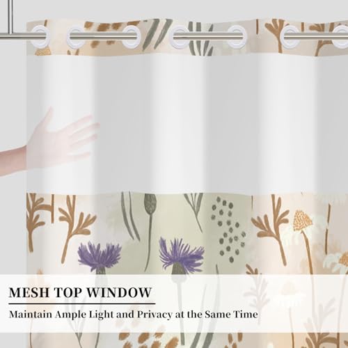 No Hook Wildflower Shower Curtain with Snap in Liner, 71x74 Inch | Neutral Floral Pattern Shower Curtains for Bathroom, Mesh Top Window Waterproof Washable Fabric - color: Wildflowers-a