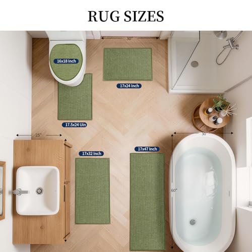 YIHOUSE Green Bathroom Rugs Sets 5 Piece, Quick Dry Thin Bath Mat with Toilet Rug, Non Slip Absorbent Machine Washable, Bath Runner Rugs for Bathtub Sink Home Decor - color: Green, size: 5 pieces