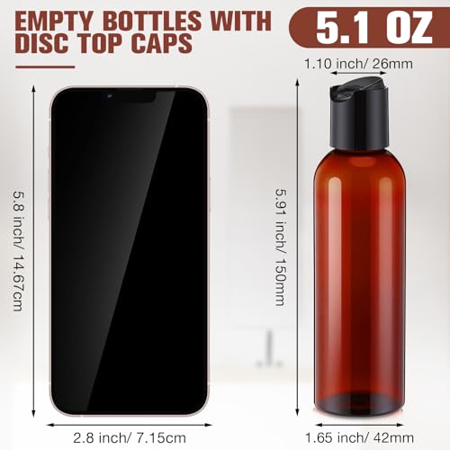Mimorou 30 Pack Amber Empty Bottles Plastic Squeeze Bottles with Disc Top Flip Cap Small Empty Travel Squeeze Bottle for Lotions Liquid Body Soap Conditioner Creams(5.1 oz) - size: 5.1 oz