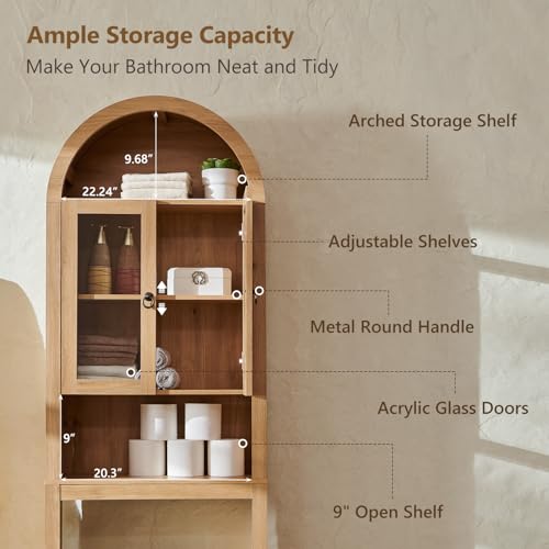 IFGET Arched Over The Toilet Storage Cabinet with Acrylic Doors, Modern Over Toilet Bathroom Organizer Shelf, Small Wooden Bathroom Storage Cabinet with Adjustable Shelf,Space Saver, Natural Oak - color: Natural Oak