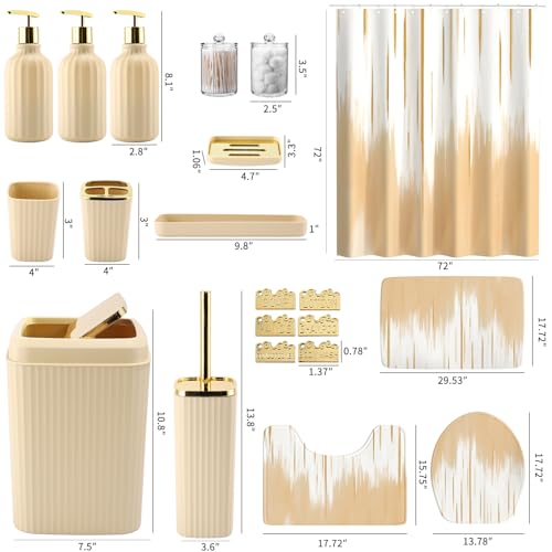 32PCS Bathroom Sets with Shower Curtain and Rugs-Beige Bathroom Accessories,Non Slip Bathroom Rugs Set with Toilet Lid Cover, Waterproof Shower Curtain, 3PC Soap Dispenser with Trash Can - size: Bath Set+Oil Paint Shower Curtain+Bath Rugs, style: Beige
