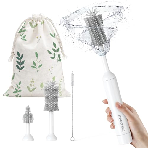 SEANCHEER S02 Electric Bottle Brush Set, Portable Baby Bottle Brush Cleaner, AA Battery-Powered & IPX7 Waterproof, with Silicone Bottle/Nipple/Straw Brush, for Home & Travel (Gray) - color: White-gray
