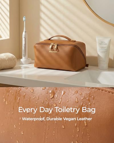 BAGSMART Makeup Bag Travel Cosmetic Bag, Large Make Up Bag Flat Open Toiletry Bag for Women, PU Leather Travel Essentials Organizer Case, Wide-open Pouch Purse for Skincare, Brushes, Classic Brown - color: 01- Classic Brown