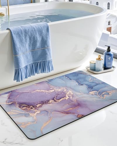 DEXI Bathroom Mat Ultra Thin, Non Slip Bath Rug for Shower Floor, Absorbent Quick Dry Marble Bathmats Low Profile, 24x16, Blue and Purple - color: Blue and Purple, size: 24" X 16" (Rectangular)