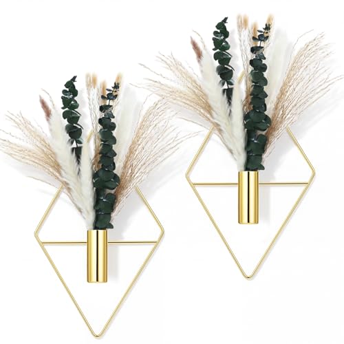 Canlierr 4 Pcs Gold Wall Decor Hanging Planters with Artificial Plants Eucalyptus Pampas Grass Metal Hanging Vase Indoor Plants Holder Modern Boho Wall Art for Bathroom Bedroom Living Room Decor - color: Gold, size: Pampas Grass, Eucalyptus