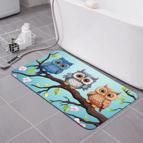 Stone Bath Mats for Bathroom Diatomaceous Earth Bath Mat Super Absorbent Floor Mat Owls on a Branch Stone Drying Mats Quick Drying Diatomite Shower Mat for Bathtub Pad 19.7x31.5in - color: Owls on a Branch, size: 1'8" x 2'8" (Rectangular)