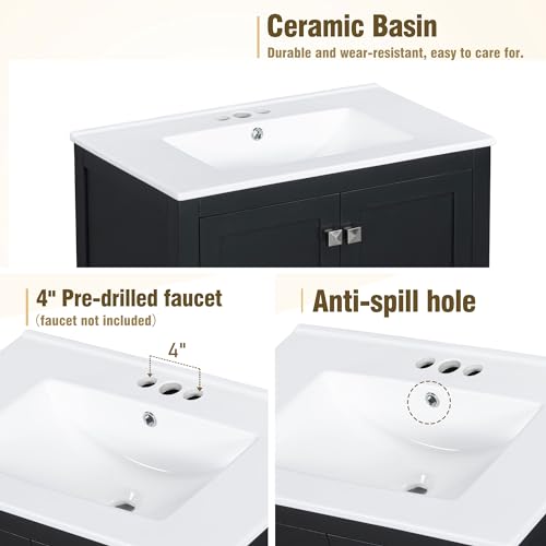 Linique 30" Modern Bathroom Vanity with Sink Combo Set, Solid Wood Frame Bathroom Storage Cabinet with 2 Soft Closing Doors and a Drawer, Multifunctional Storage, Black - color: Black