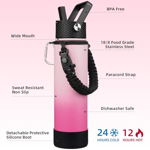 BJPKPK 27oz Insulated Water Bottles with 3 Lids, Paracord Handle & Non-slip Boot, Stainless Steel Metal Water Bottle with Straw, BPA Free Leak Proof Thermal Flasks, Tumblers,Cherry - color: Cherry, size: 27 Ounces