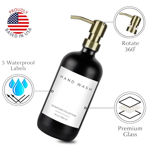 Emerson Soap Dispenser, Dish Soap Dispenser for Kitchen, Soap Dispenser Bathroom Set - Hand Soap Dispenser, Kitchen Soap Dispenser Set, Glass Soap Dispenser with Pump and Labels - 16 Oz, 2 Pack - color: 03 – Black / Brass